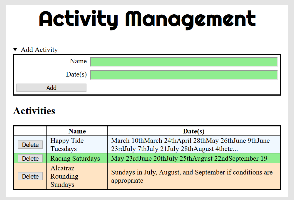 Activity administration mockup