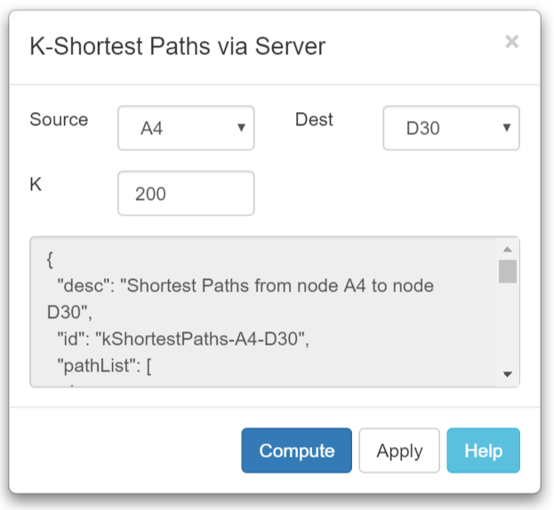 Making a request for the 200 shortest paths between nodes A4 and D30 in our medium sized sample network.