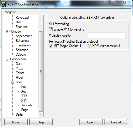 Putty configuration for X11 forwarding.